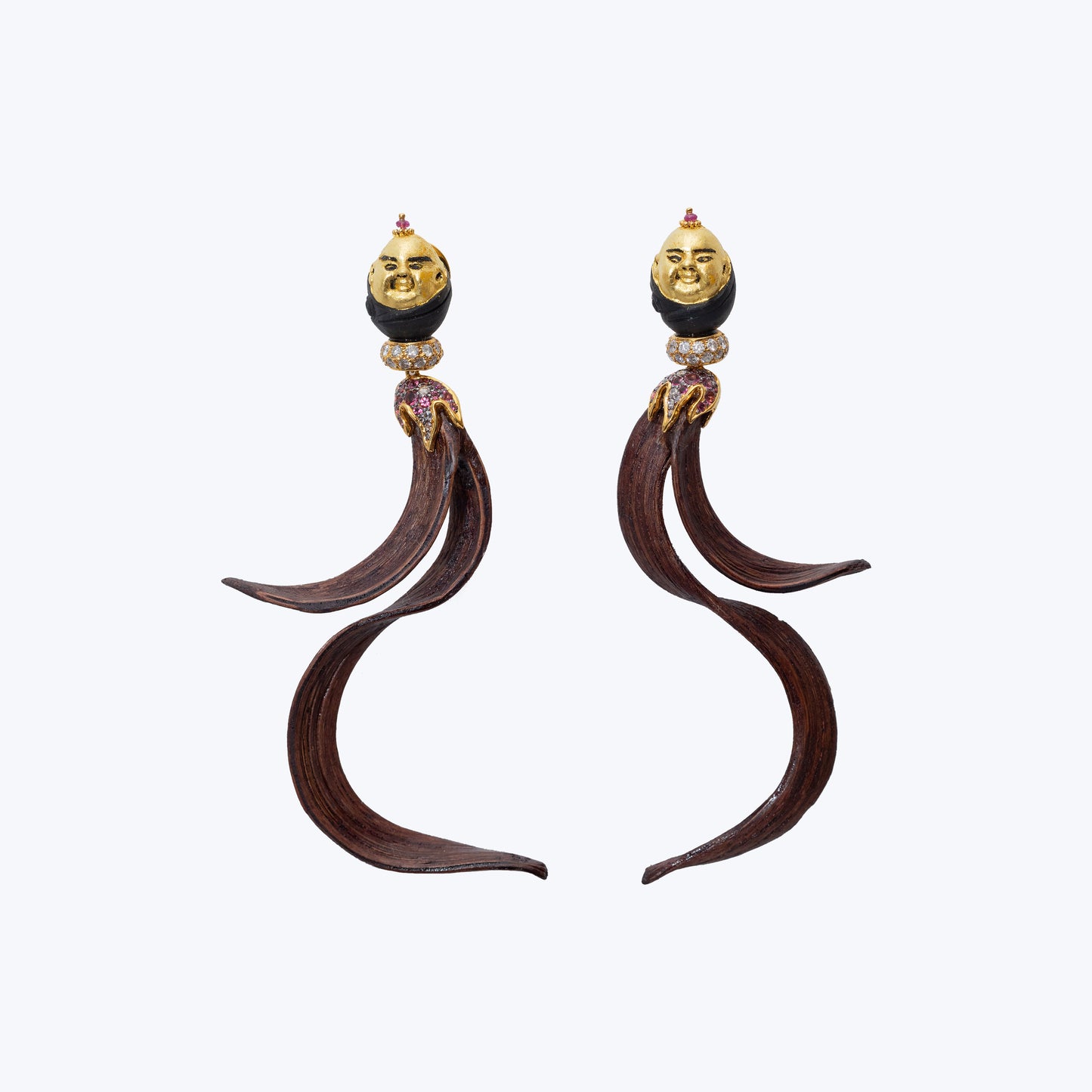 Asia Happy Monk Earrings with Crazy Wood, Pink Tourmaline and Diamond