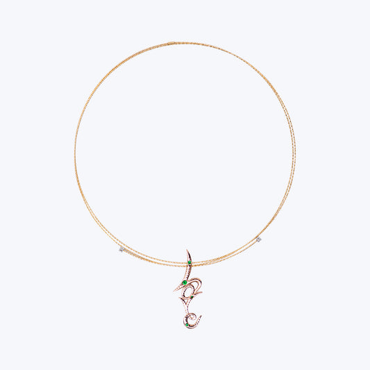 18K Yellow Gold Necklace Designed with Diamond and 9K Pink Gold Love Pendant with Tsavorite