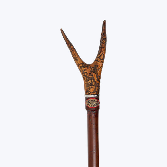 Double Horned Carved Mahogany Walking Stick