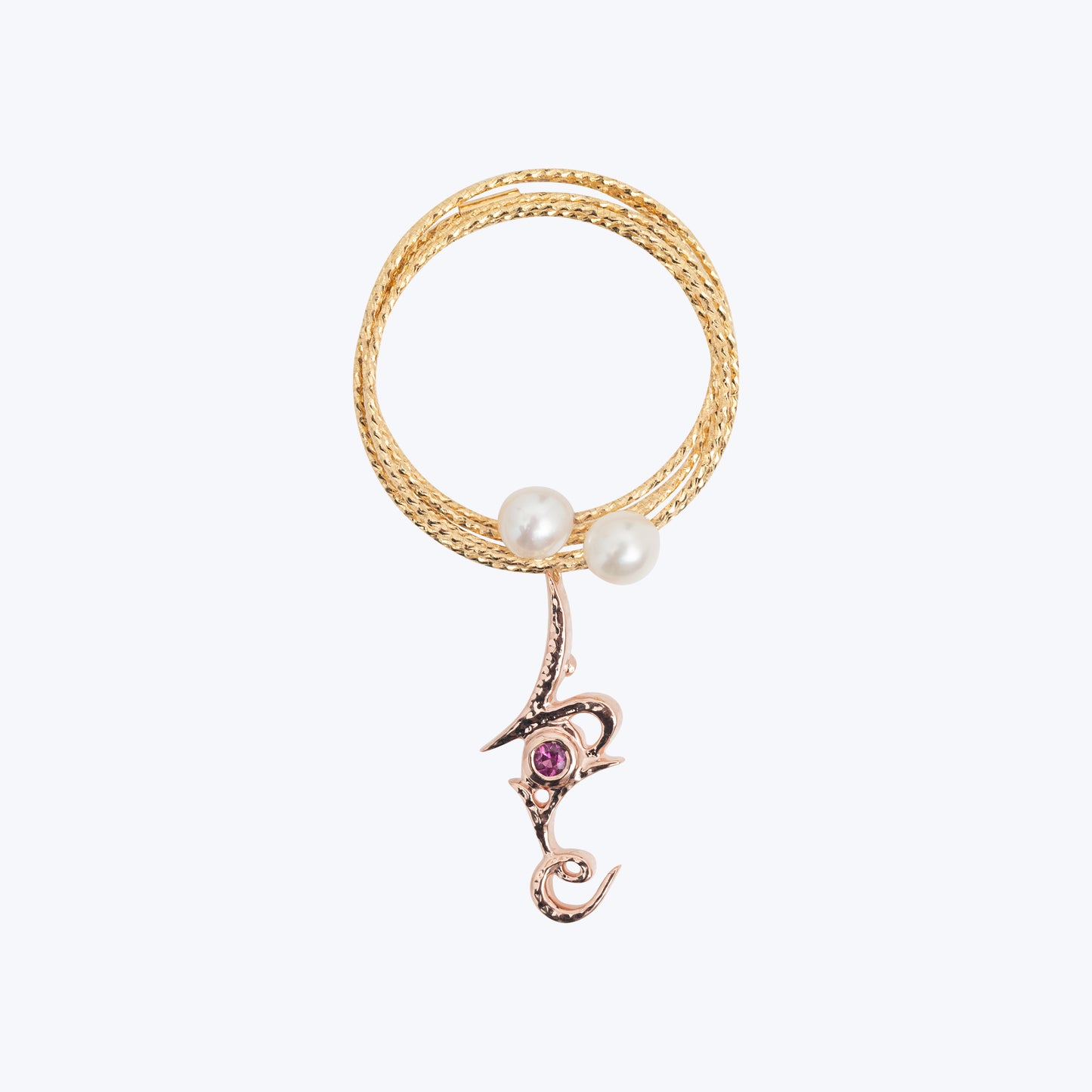18K Yellow Gold Wire Stretchable Ring with Pearl and Love Pendant with Ruby in 9K Pink Gold