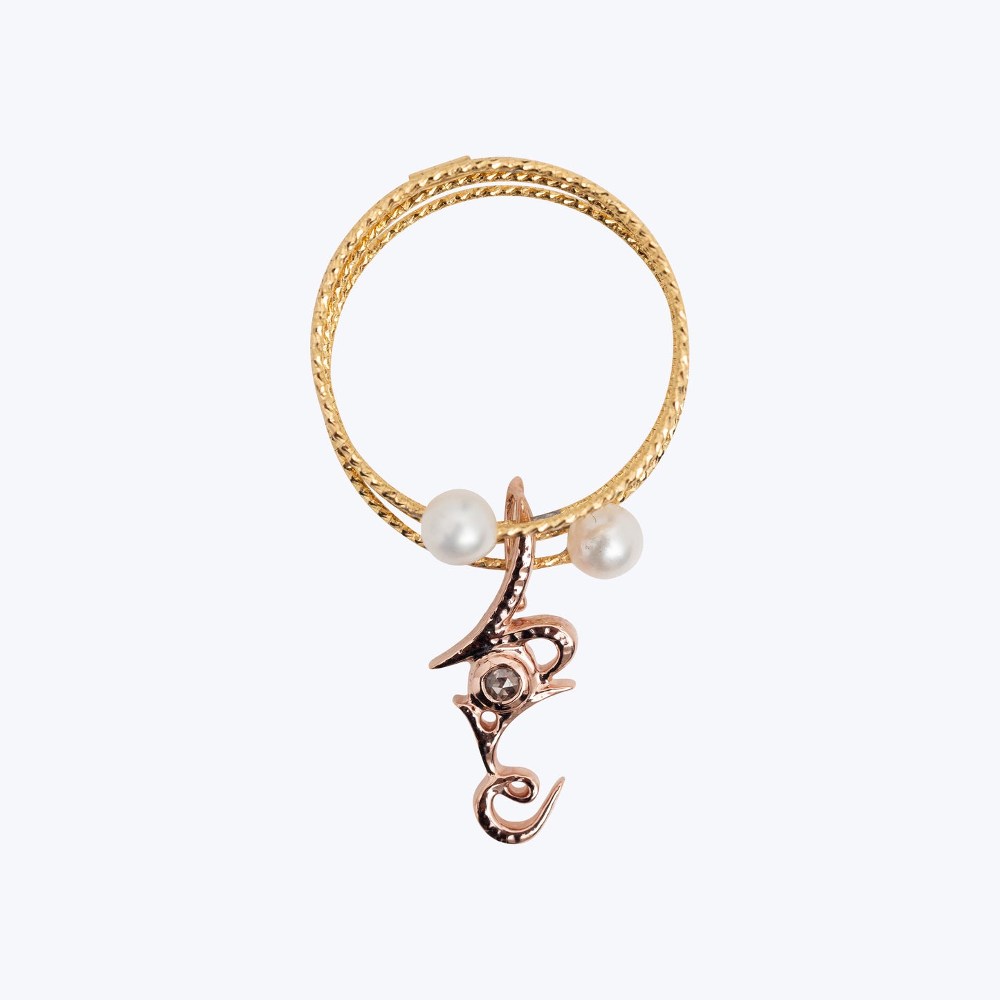 18K Yellow Gold Wire Stretchable Ring with Pearl and Love Pendant with Diamond in 9K Pink Gold