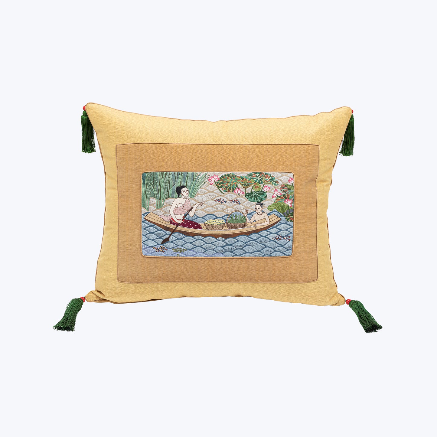 Gold Cushion with Rowboat Embriodery, Red Lacquer Bead and Tassels