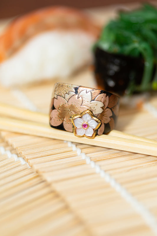 Cherry Blossom Ring with Mother of Pearl and Ruby Flower