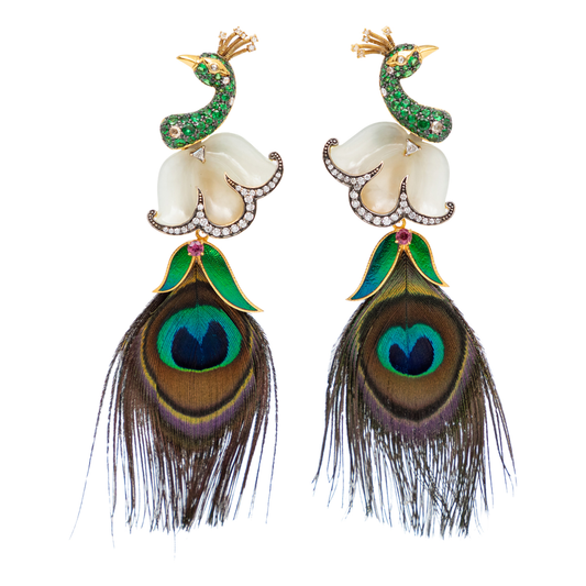 Peacock Earrings with Carved Jade, Peacock Feather, Tsavorite and Diamond