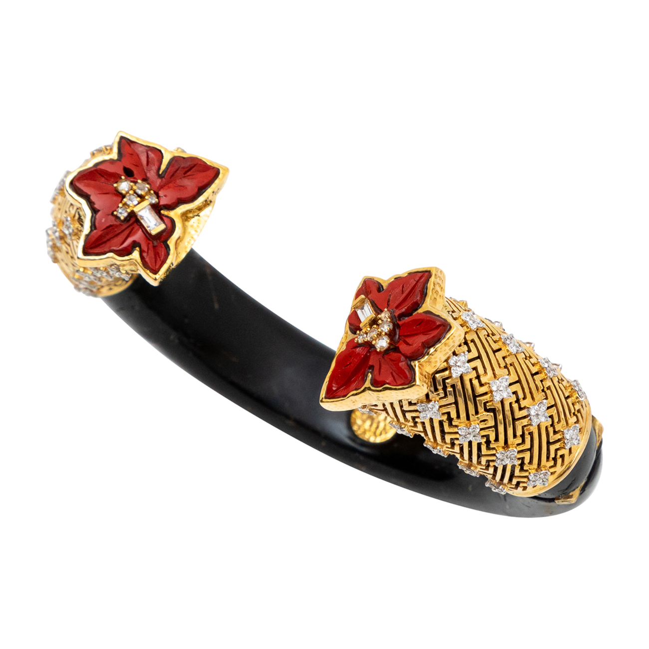 Polished Black Wood Bangle with Diamond and Red Lacquer