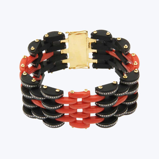 Red Stone Bracelet with Black wood and Diamond