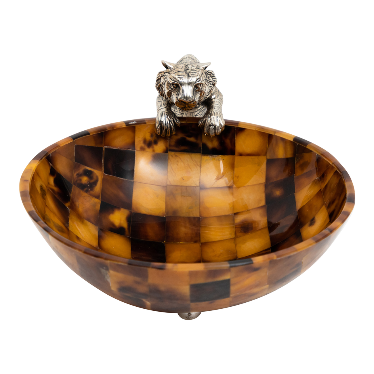 Brown Shell Bowl with Pouncing Silver Tiger