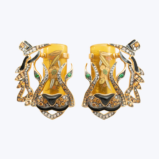 Lacquer Tiger Earrings with Diamond, Sapphire & Tsavorite