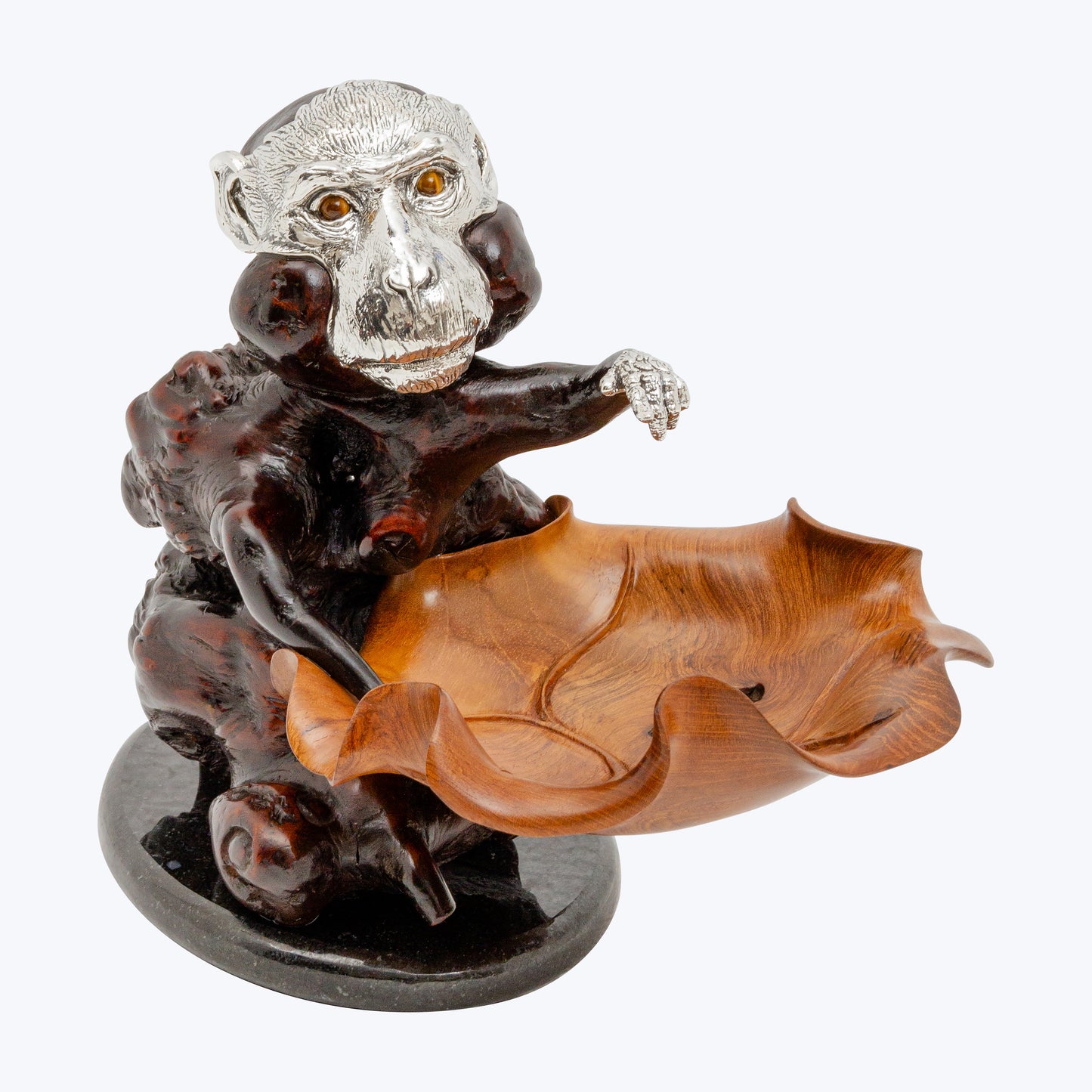 Silver and Burl Wood Monkey Sculpture with Lotus Leaf