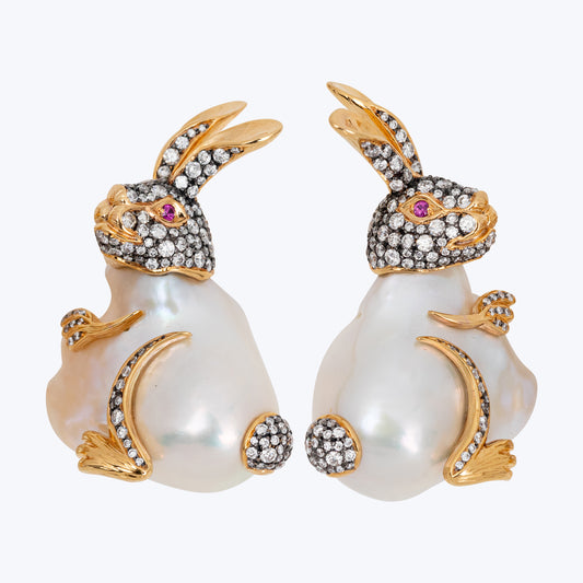 Leaping Rabbit Earrings with Diamond and Ruby