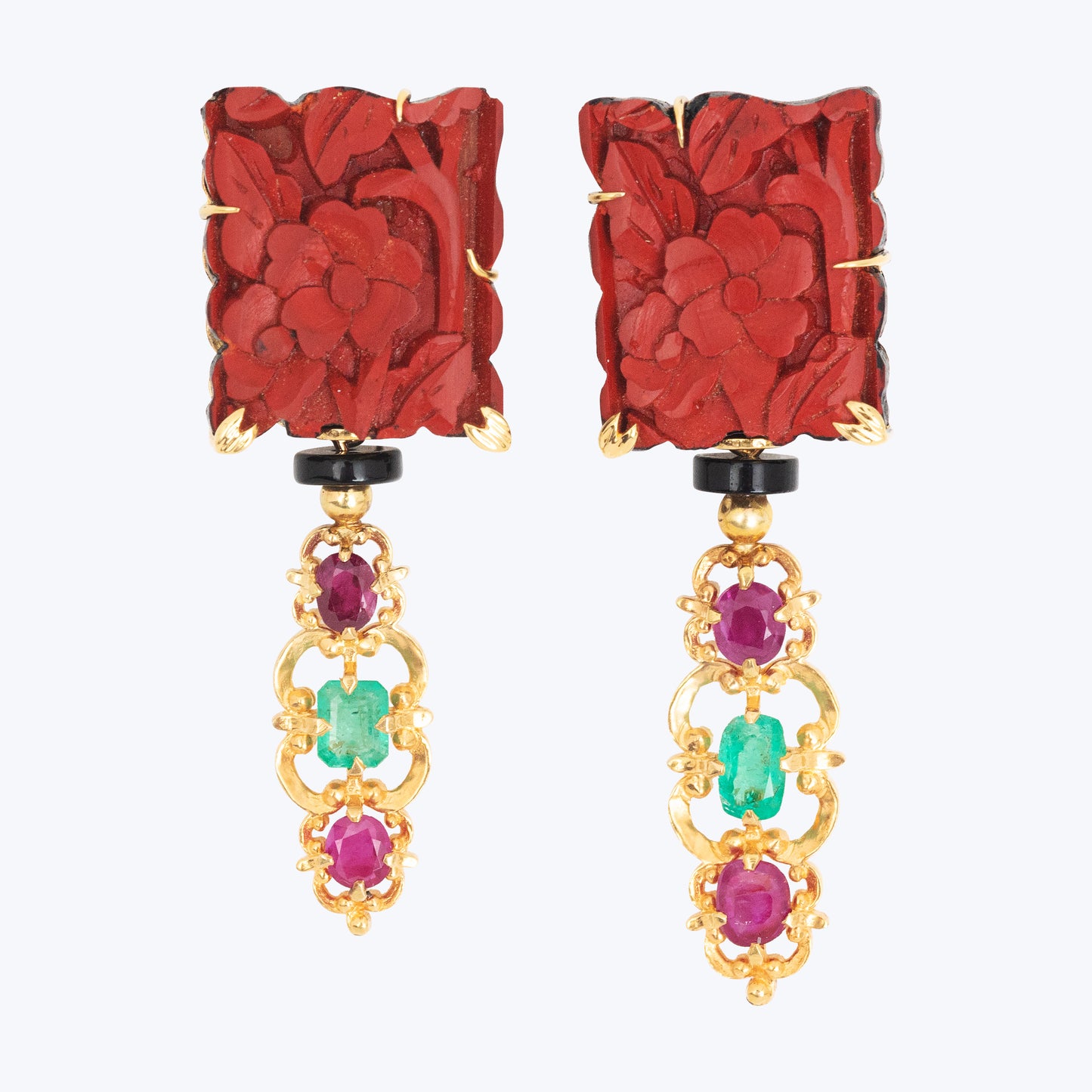 Antique Gold Floral Earrings with Cinnabar Lacquer