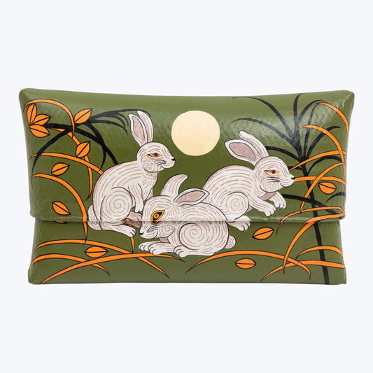 Bamboo Clutch with Hand-Painted Cheerful Rabbits and Tourmaline