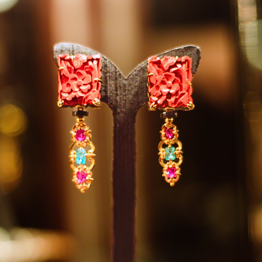 Antique Gold Floral Earrings with Cinnabar Lacquer