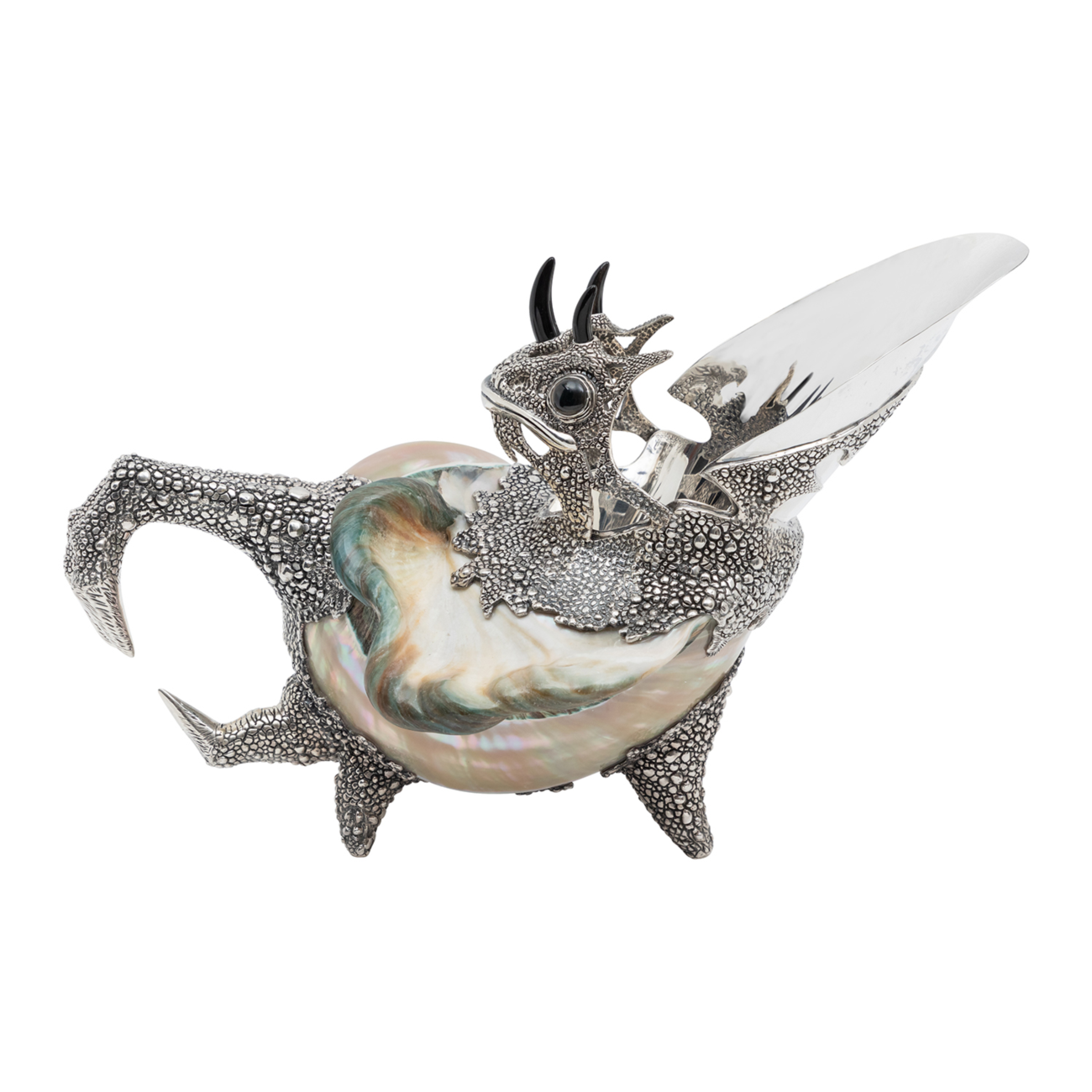 Camouflaging Silver Chameleon and Carved Shell Gravy Bowl