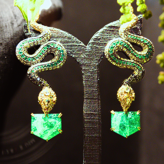 Spiralling Snake Earrings with Russian Emerald