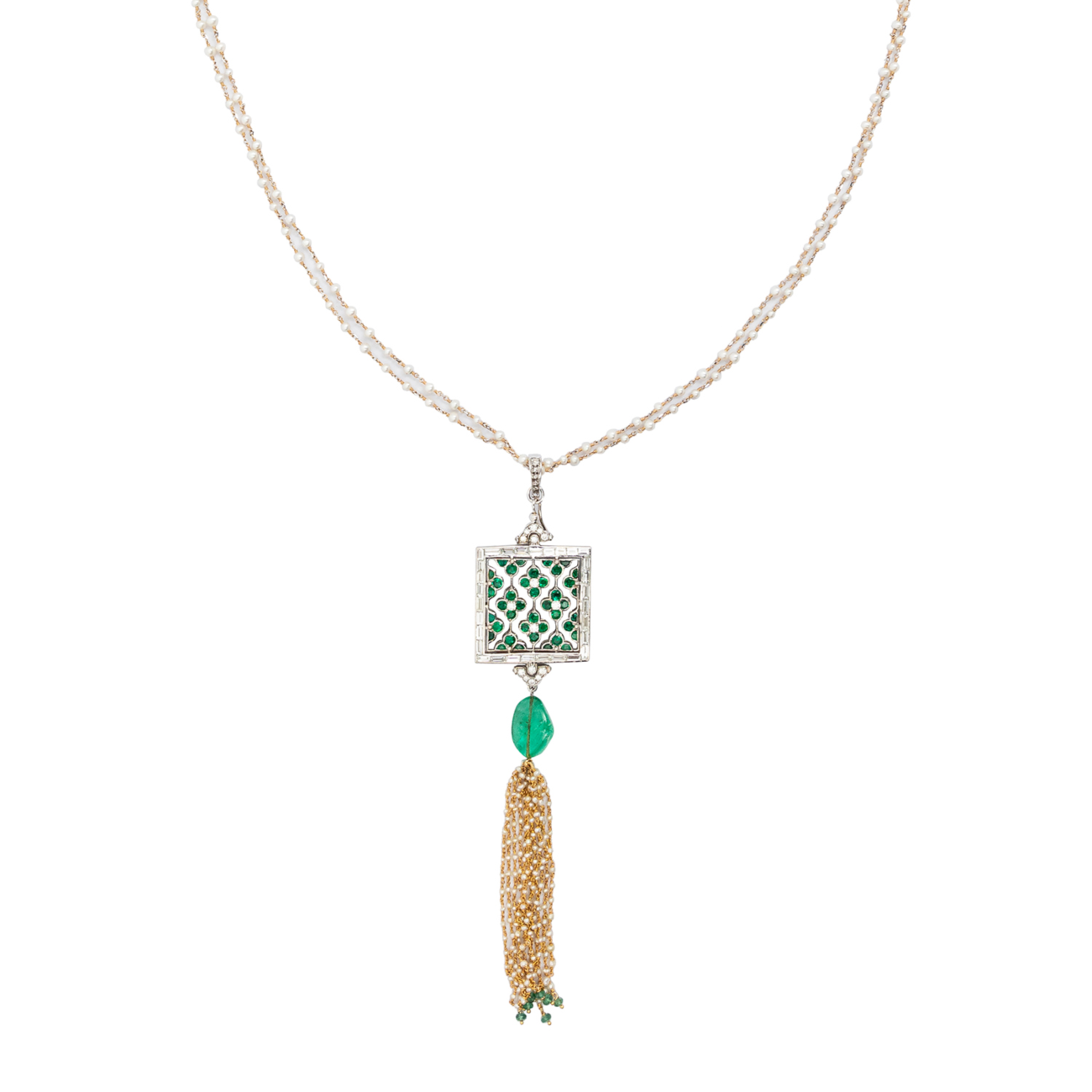Pearl Necklace with Emerald and Diamond
