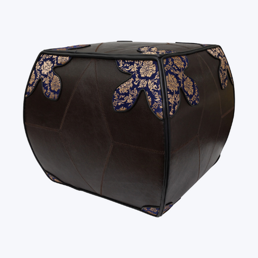 Cow Leather Pouffe with Chinese Silk Brocade - Size S