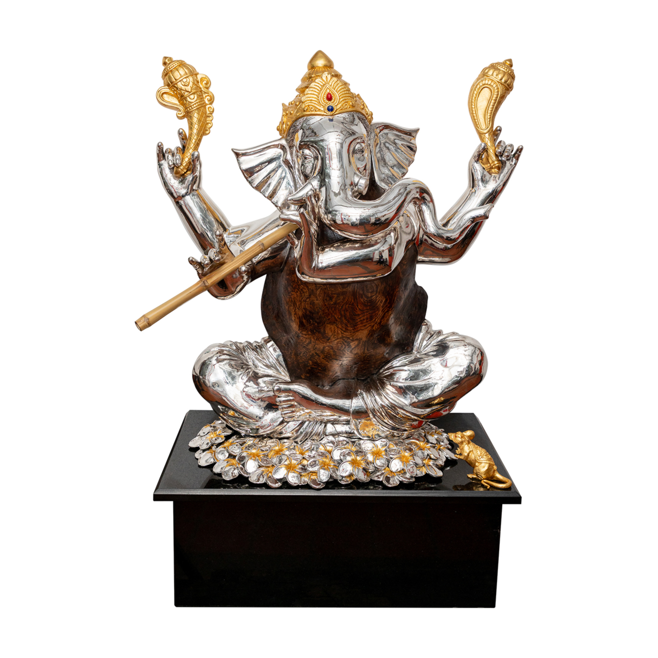 Festive Lord Ganesha Sculpture in Japanese Burl Wood and Silver