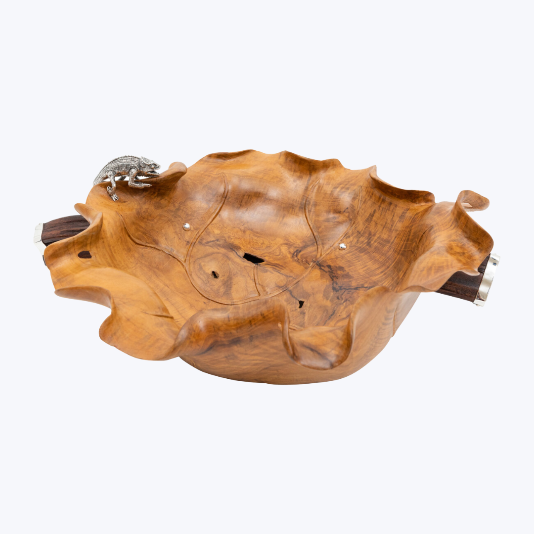 Carved Teak Wood Leaf Bowl with Silver Chameleon