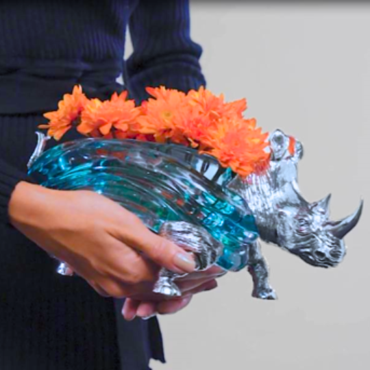 Glass Bowl with Silver Rhino