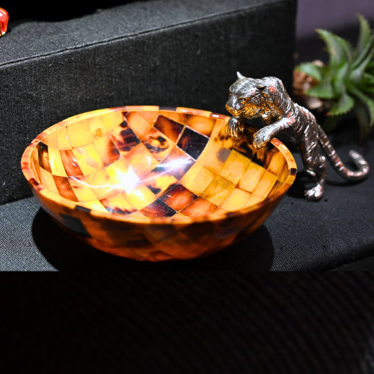 Brown Shell Bowl with Pouncing Silver Tiger