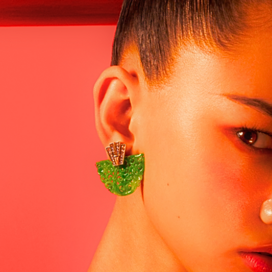 Green Flower Garden Jade Earrings with Art Deco Diamond