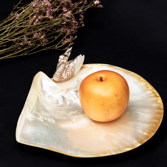Mother of Pearl Plate with Silver Swan and Shell Wings