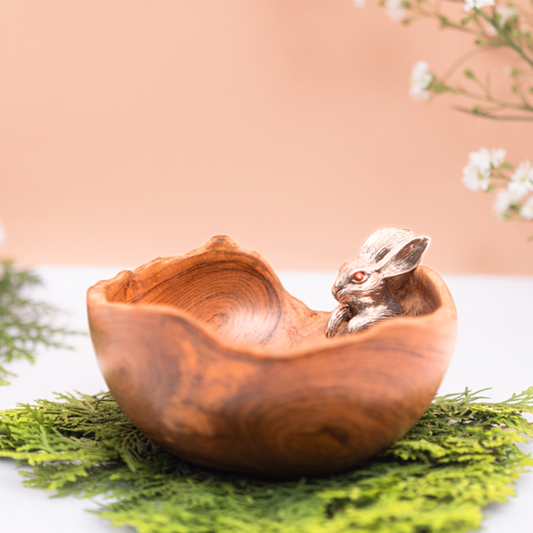 Teak Wood Bowl with Silver Rabbit