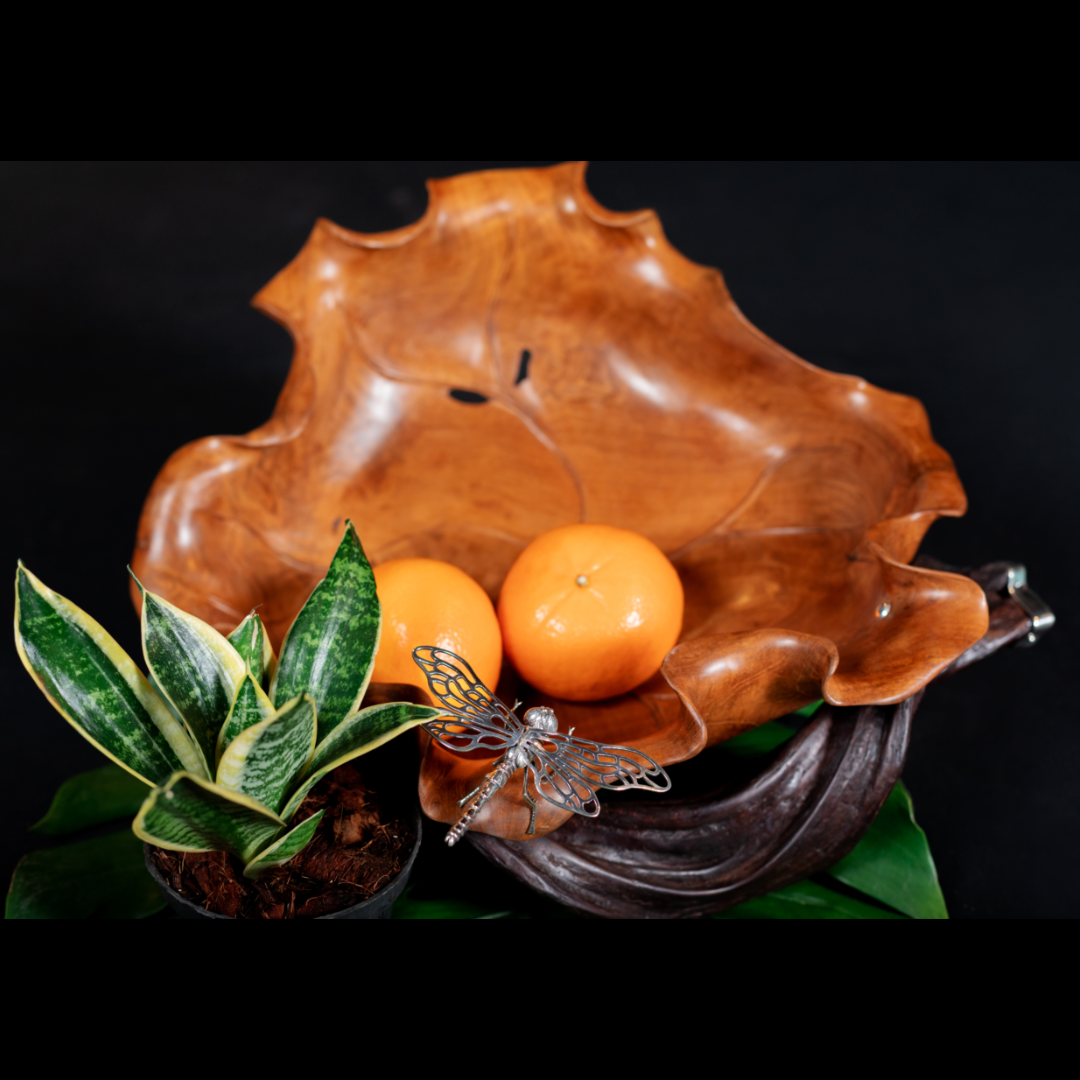Carved Teak Wood Leaf Bowl with Silver Dragonfly