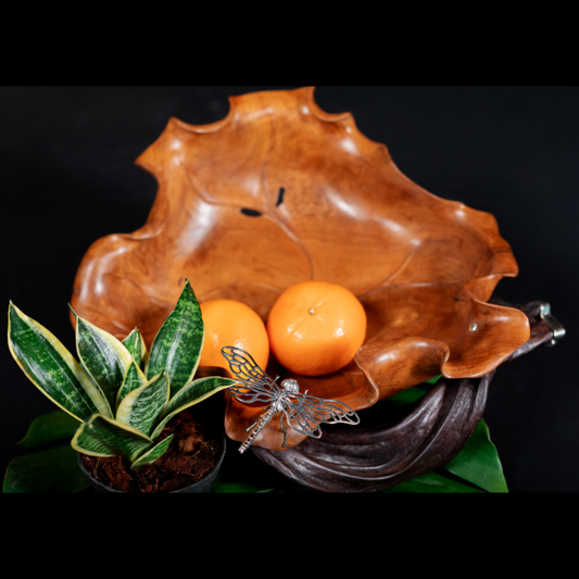 Carved Teak Wood Leaf Bowl with Silver Dragonfly