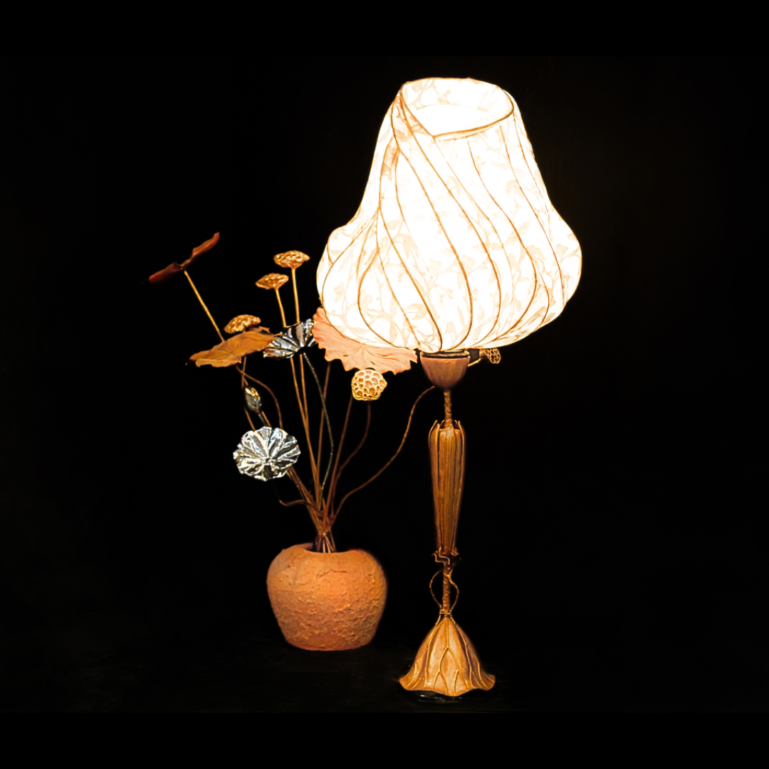 Lamp with Mulberry Paper and Lotus Brass Stand