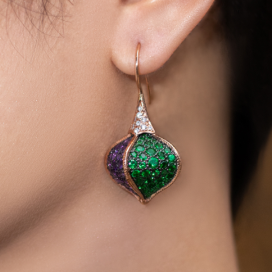 Balinese Fruit Earrings with Tsavorite and Amthyst