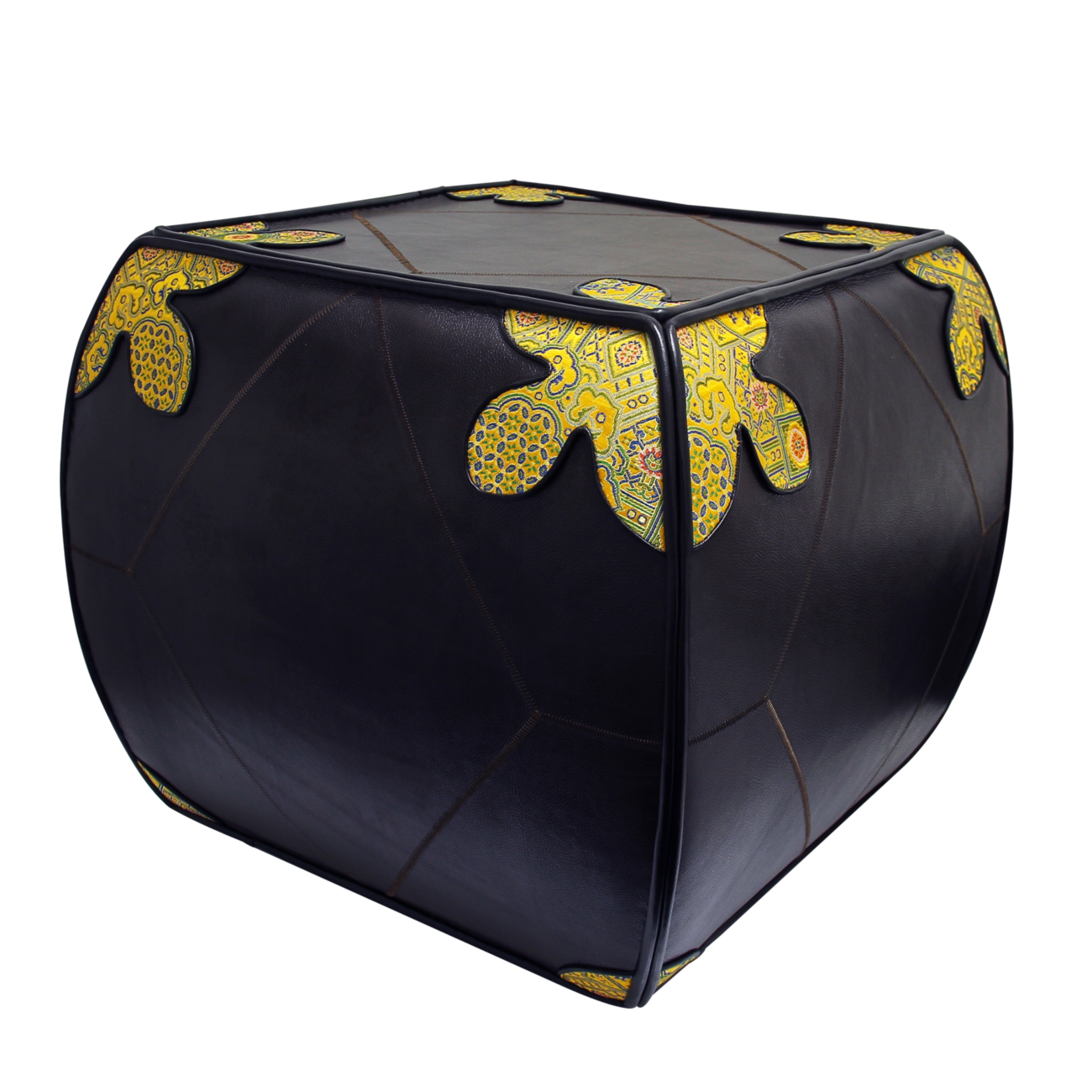 Brown Cow Leather Pouffe (stool) with Chinese SilK Brocade - Size - Large