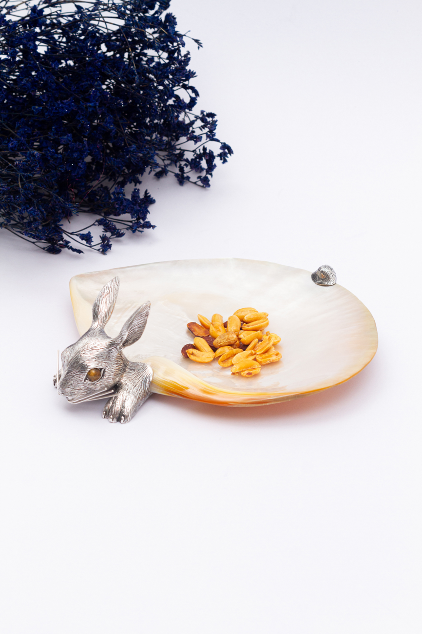Mother of Pearl Canape Plate with Silver Grazing Rabbit